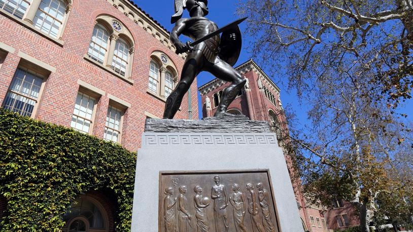 FILE - This Tuesday, March 12, 2019 file photo shows the iconic Tommy Trojan statue at the University of Southern California in Los Angeles. University of Southern California officials have canceled a commencement speech by its 2024 valedictorian, a pro-Palestinian Muslim, citing “substantial risks relating to security and disruption” of the event that draws 65,000 people to campus. (AP Photo/Reed Saxon, File)