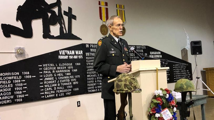 Dr. James Thomas Hardy, Chief of Staff at Dayton VA Health Care, shared his experiences as a young officer acting as adviser in combat in Vietnam and serving veterans as a physician as the keynote speaker at the Vietnam Veterans Day of Remembrance on Saturday. Photo by Brett Turner