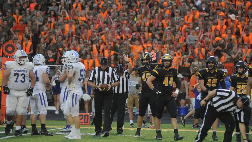 Many teams’ student sections are wearing orange, which is the color for childhood leukemia awareness. Centerville defeated visiting Springboro 31-19 in a Week 5 high school football GWOC crossover game on Thursday, Sept. 21, 2017. MARC PENDLETON / STAFF