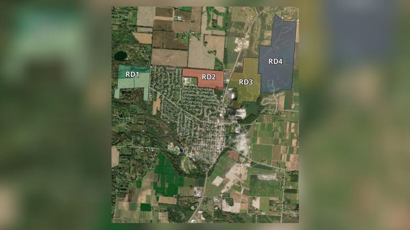 The City of New Carlisle is planning for the potential of four new residential developments at New Carlisle Road, west of Scarff Road (RD); Addison Carlisle Road, north of the Northwoods subdivision (RD2); on the east side of 235 north of the Chrysler dealership (RD3); and one north of Twin Creeks (RD4). Contributed