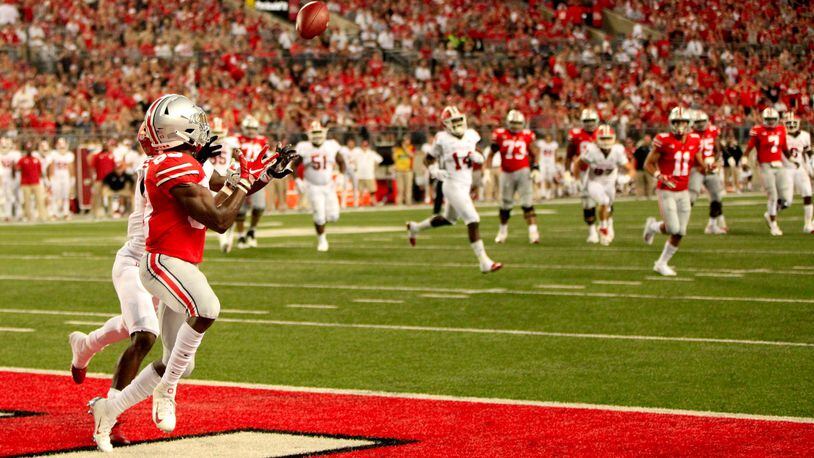 Ohio State’s Terry McLaurin catches a touchdown in the fourth quarter against Indiana on Saturday, Oct. 6, 2018, at Ohio Stadium in Columbus. David Jablonski/Staff