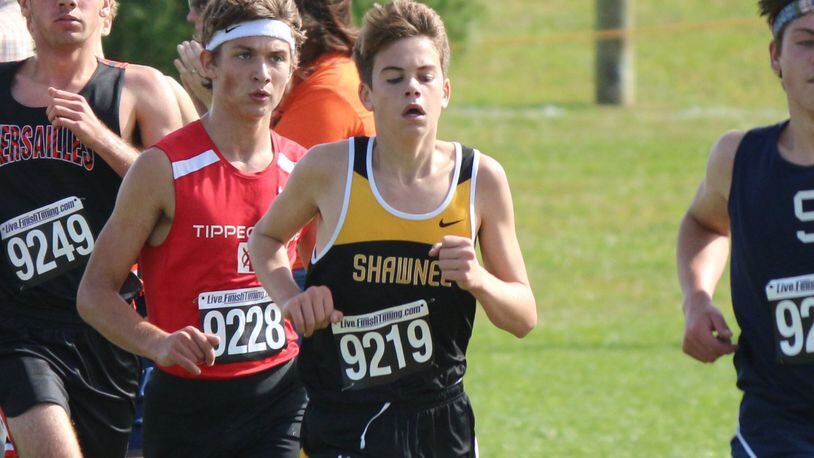Shawnee High School sophomore Zac Spitzer (9219), competing at the district cross country championships at Cedarville University in 2017, underwent open heart surgery on Oct. 28 for a coronary artery anomaly. Before being diagnosed Spitzer struggled at the end of races and often collapsed. Both Shawnee’s boys and girls teams, who have dedicated the postseason to Spitzer, compete at the Division II state championships Saturday in Hebron. Greg Billing / Contributed