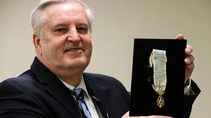 Displayed is Alexander Hamilton's Society of the Cincinnati Eagle insignia by Douglas Hamilton, his fifth great-grandson, at the Museum of the American Revolution in Philadelphia, Monday, Nov. 12, 2018. This and other items loaned by Douglas Hamilton will be featured as part of the museum's "Year of Hamilton."