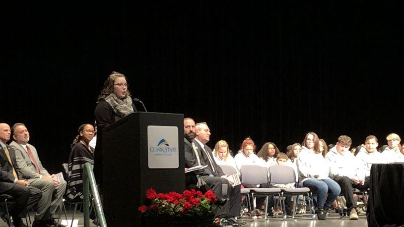 Dani Hower, a graduate of the Clark State Scholars Program and current Clark State Community College student, addresses the 80 newest inductees of the Scholars Program at the Clark State Performing Arts Center during an induction ceremony on Tuesday, Jan. 22. Photo by Brett Turner