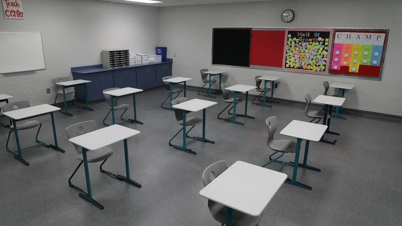 A classroom at Hayward Middle School set up for the new school year with social distancing. BILL LACKEY/STAFF