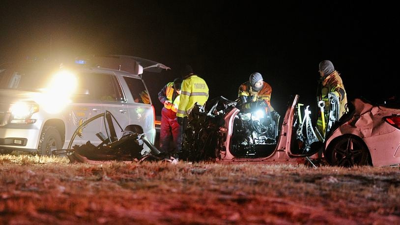 Four people died as the result of a two-vehicle crash in Clark County late Saturday, March 12, 2022. MARSHALL GORBY/STAFF