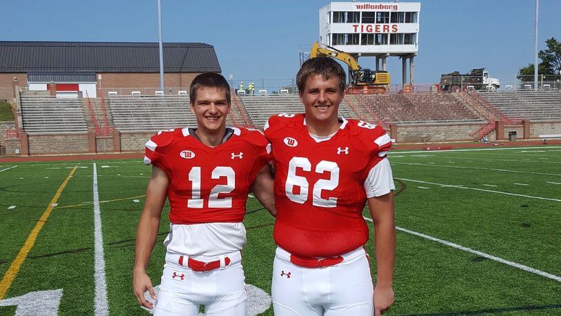 Wittenberg football players Liam and Riley Duncan pose for a photo at Edwards-Maurer Field in Springfield in August 2017. Photo courtesy of Duncan family