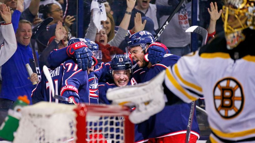 COLUMBUS, OH - APRIL 30:  Matt Duchene #95 of the Columbus Blue Jackets is congratulated by his teammates after beating Tuukka Rask #40 of the Boston Bruins for a goal during the second period in Game Three of the Eastern Conference Second Round during the 2019 NHL Stanley Cup Playoffs on April 30, 2019 at Nationwide Arena in Columbus, Ohio. (Photo by Kirk Irwin/Getty Images)