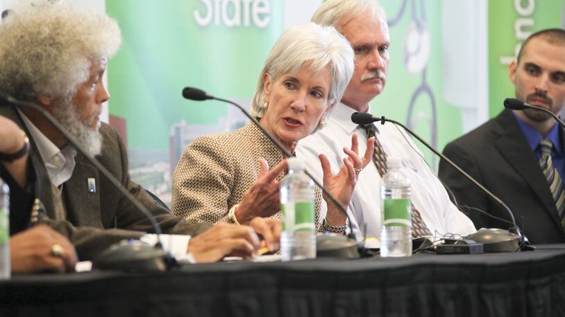 Kathleen Sebelius, Secretary of the U.S. Department of Health and Human Services, during Wednesday’s panel discussion on the Affordable Care Act at Cincinnati State in Clifton.