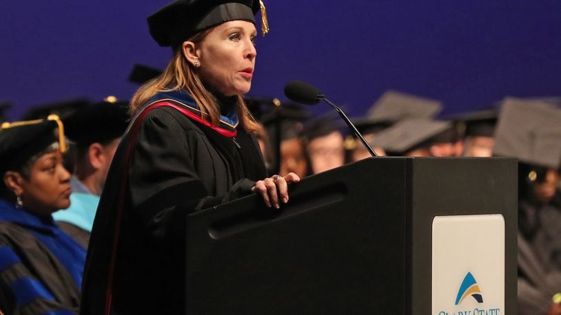 Clark State president Jo Alice Blondin speaking during the 2019 Commencement Ceremony. BILL LACKEY/STAFF