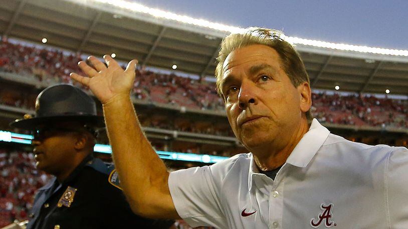 TUSCALOOSA, AL - OCTOBER 22: Head coach Nick Saban of the Alabama Crimson Tide reacts after their 33-14 win over the Texas A&M Aggies at Bryant-Denny Stadium on October 22, 2016 in Tuscaloosa, Alabama. (Photo by Kevin C. Cox/Getty Images)