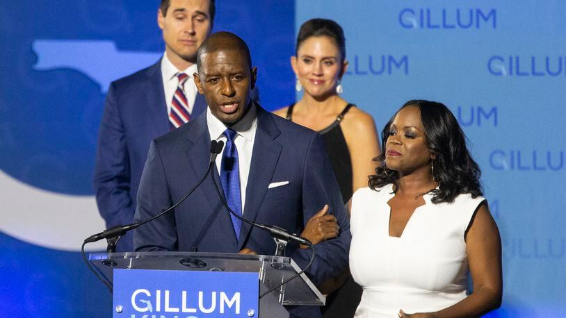 Democratic gubernatorial candidate Andrew Gillum gives his concession speech November 6, 2018 in Tallahassee, Florida.  Gillum's campaign said it's ready for any outcome, including a recount.