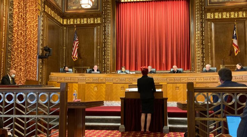 Freda Levenson, ACLU of Ohio legal director, appears before the Ohio Supreme Court in Columbus, Ohio, during oral arguments in a constitutional challenge to new legislative district maps on Wednesday, Dec. 8, 2021.  On Wednesday, Jan. 12, 2022, the court overturned the maps as unconstitutional. (AP Photo/Julie Carr Smyth)