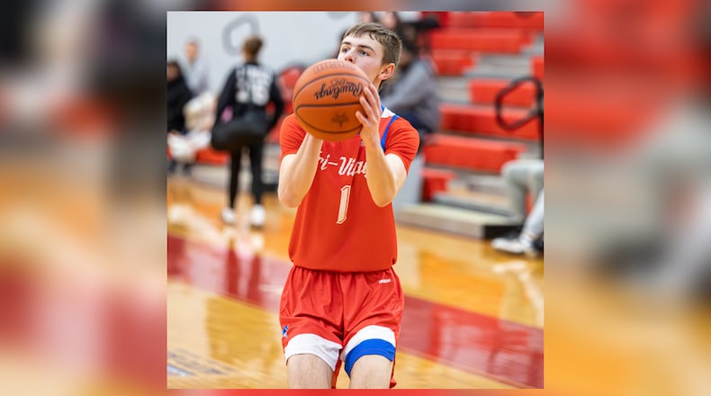 Tri-Village senior Trey Sagester shoots a 3-pointer in the Patriots' 79-34 victory over Miami Valley in a Division VI district semifinal game on Monday, March 2, 2026 at Troy High School. MICHAEL COOPER / STAFF