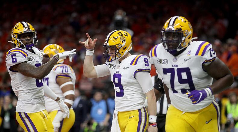 NEW ORLEANS, LOUISIANA - JANUARY 13: Joe Burrow #9 of the LSU Tigers reacts against the Clemson Tigers during the College Football Playoff National Championship game at Mercedes Benz Superdome on January 13, 2020 in New Orleans, Louisiana. (Photo by Chris Graythen/Getty Images)