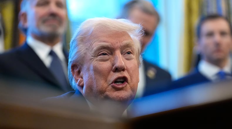 President Donald Trump speaks in the Oval Office of the White House, Monday, Feb. 2, 2026, in Washington. (AP Photo/Alex Brandon)