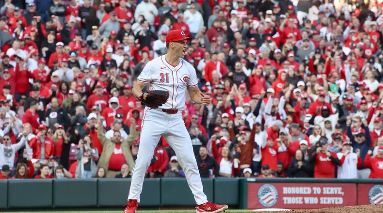Reds reliever Brent Suter reacts after getting the final out of a victory against the Nationals on Opening Day on Thursday, March 28, 2024, at Great American Ball Park in Cincinnati. David Jablonski/Staff