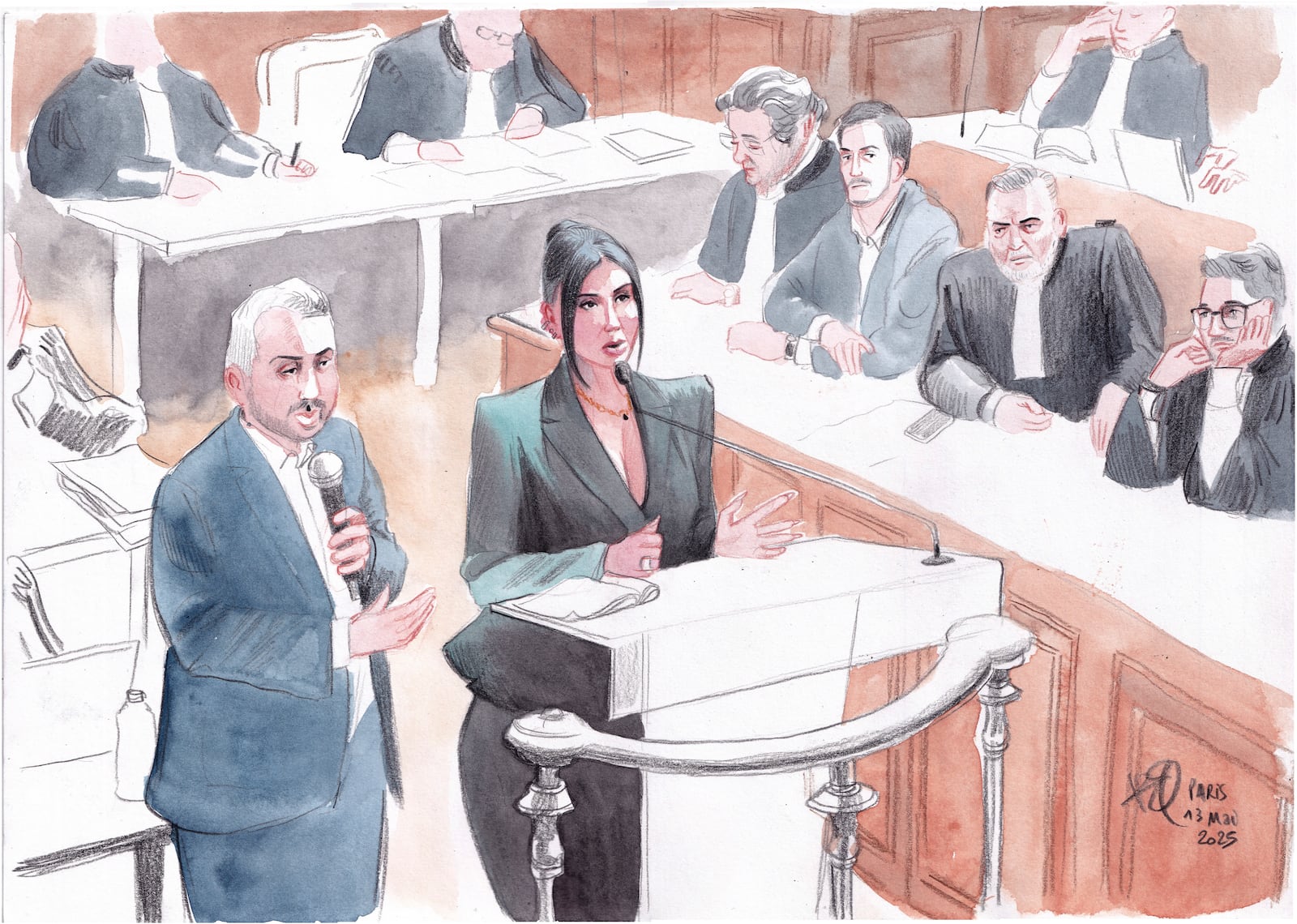 In this artist sketch, Kim Kardashian testifies regarding a robbery of millions of dollars in jewels from her Paris hotel room in 2016, in Paris, Tuesday, May 13, 2025. (AP Photo/Valentin Pasquier)