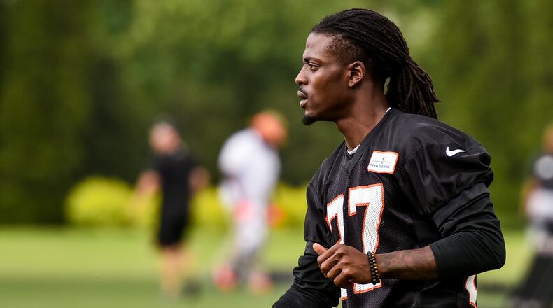 Bengals’ cornerback Dre Kirkpatrick stretches during organized team activities Tuesday, May 22, 2018, at the practice facility near Paul Brown Stadium in Cincinnati. NICK GRAHAM/STAFF