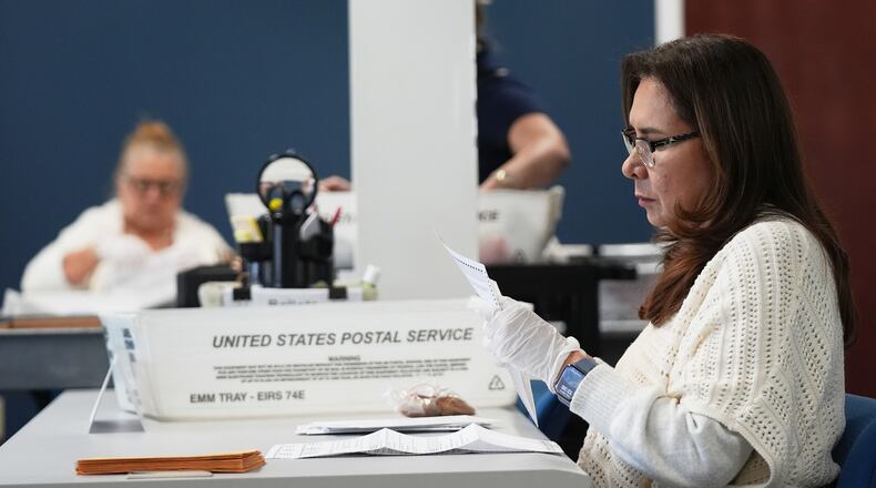 FILE - Employees sort vote-by-mail ballots from municipal elections on Election Day at the Miami-Dade County Supervisor of Elections Office, Nov. 4, 2025, in Doral, Fla. (AP Photo/Lynne Sladky, File)