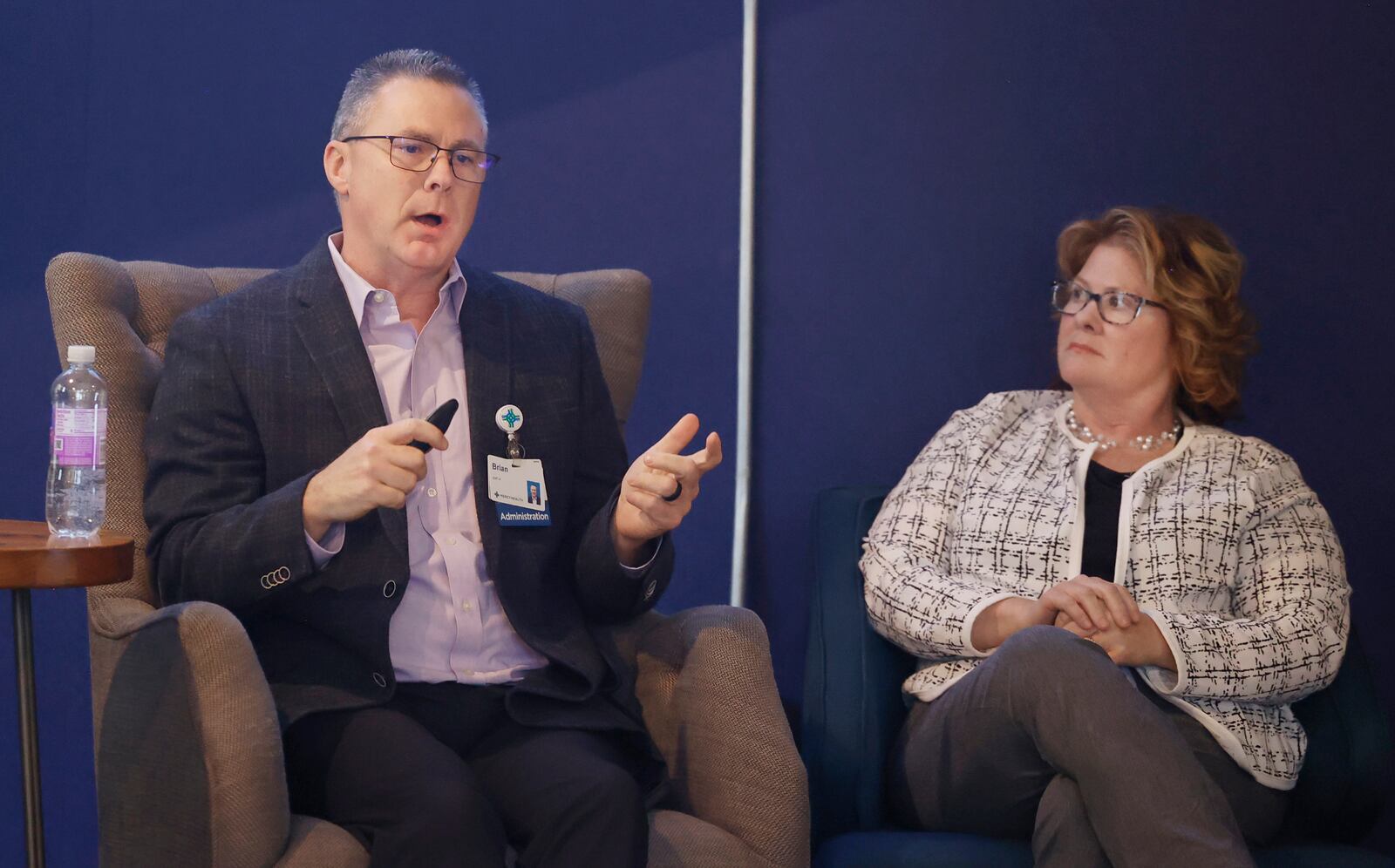 Director of community relations Brian Miller speaks during the annual town hall held by Mercy Health - Springfield in the Exchange Room at COhatch. JOSEPH COOKE/STAFF