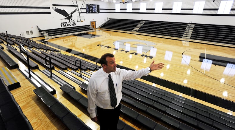 Graham High School principal Joe Hurst in the school’s gymnasium. STAFF FILE PHOTO
