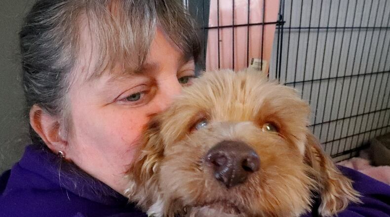 Clark County SPCA director Krissi Hawke gives some attention to “Sadie” an elderly, blind dog Wednesday. The SPCA is hosting a “Hearts for Hounds” adoption and donation event Thursday. BILL LACKEY/STAFF