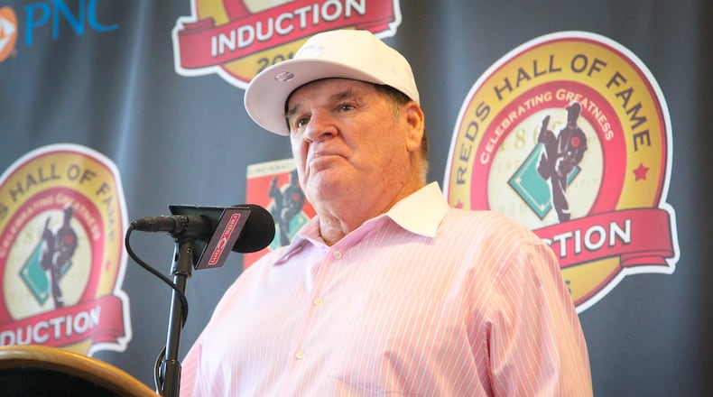 Cincinnati Reds great Pete Rose talks about being inducted to the Reds Hall of Fame during an announcement at Great American Ballpark, Tuesday, Jan. 19, 2016. GREG LYNCH / STAFF