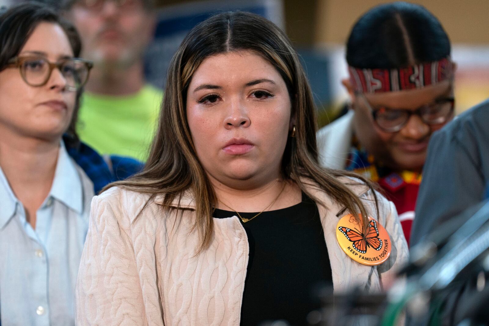Jennifer Vasquez Sura, the wife of Kilmar Abrego Garcia of Maryland, who was mistakenly deported to El Salvador, speaks during a news conference at CASA's Multicultural Center in Hyattsville, Md., Friday, April 4, 2025. (AP Photo/Jose Luis Magana)