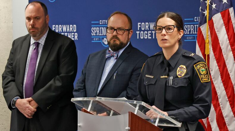 Springfield Police Chief Allison Elliott talks about the incident that happened last week at Kenwood Elementary School during a press conference Monday, Feb. 20, 2023. Standing with Elliott are, Sgt. James Byron, left, and Clark County Prosecutor Dan Driscoll. BILL LACKEY/STAFF