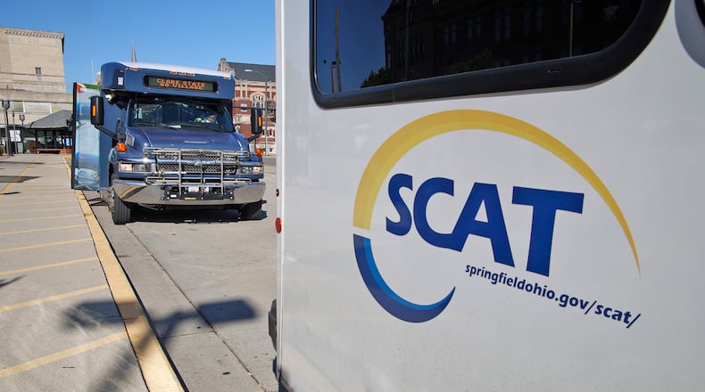 SCAT buses wait for passengers at the transportation hub in downtown Springfield Wednesday, Sept. 13, 2023. BILL LACKEY/STAFF