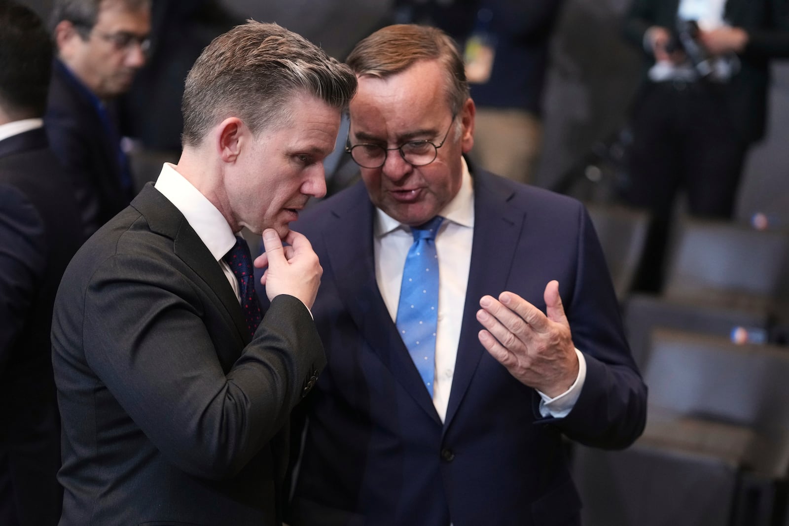 Germany's Defense Minister Boris Pistorius, right, speaks with Sweden's Defense Minister Pal Jonson during a meeting of NATO defense ministers at NATO headquarters in Brussels, Thursday, June 5, 2025. (AP Photo/Virginia Mayo)