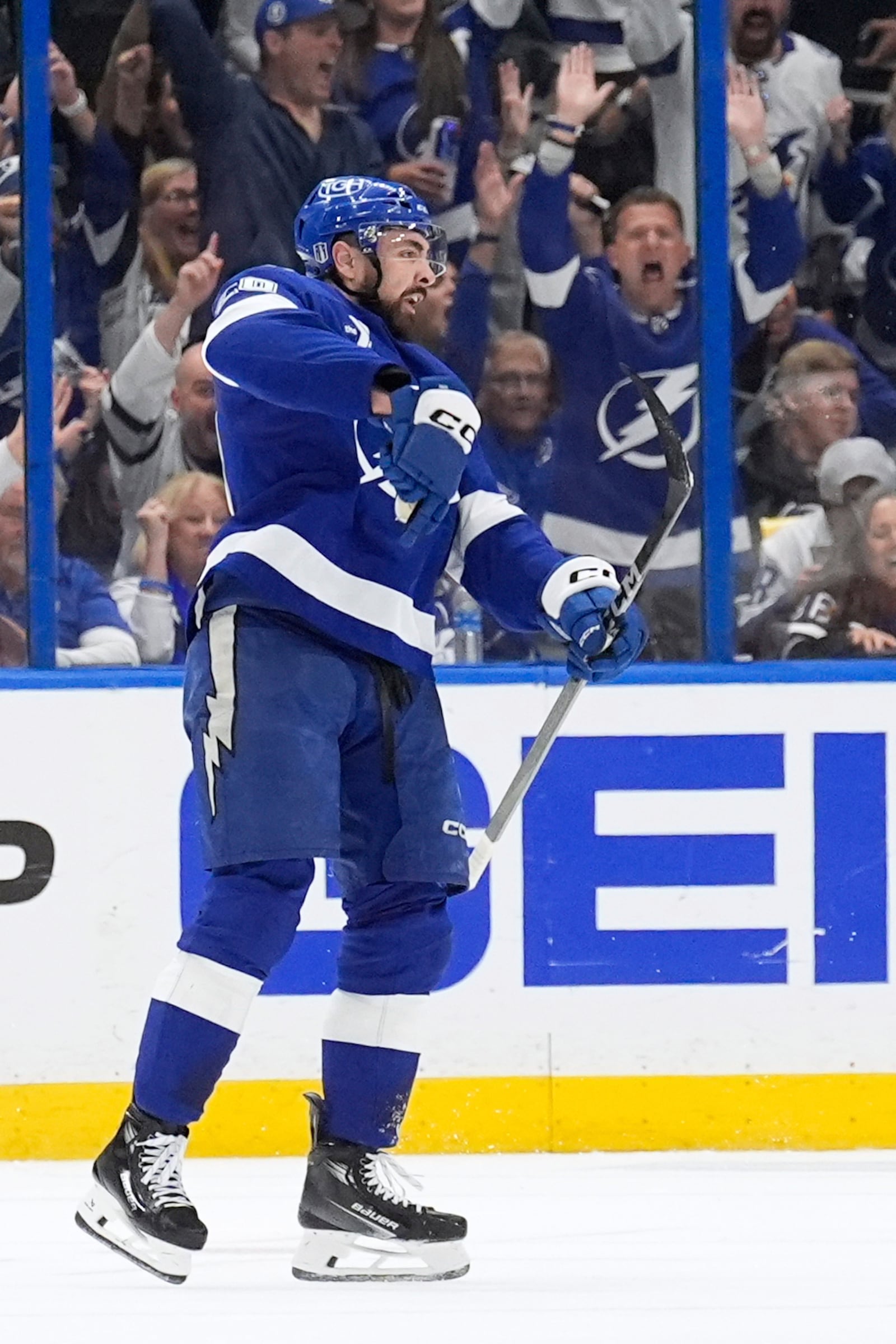 Tampa Bay Lightning left wing Nick Paul (20) celebrates after scoring against the Florida Panthers during the first period in Game 5 of an NHL hockey Stanley Cup first-round playoff series, Wednesday, April 30, 2025, in Tampa, Fla. (AP Photo/Chris O'Meara)