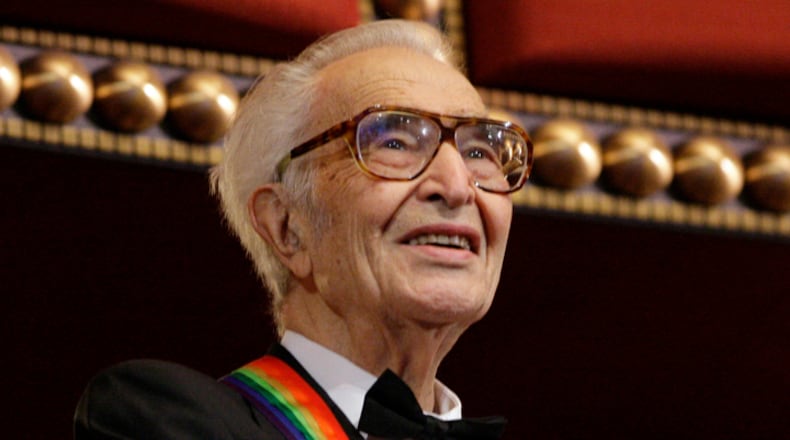 FILE - In this Dec. 6, 2009 file photo, Kennedy Center honoree Dave Brubeck stands for the National Anthem at the Kennedy Center Honors gala in Washington. Brubeck, a pioneering jazz composer and pianist died Wednesday, Dec. 5, 2012 of heart failure, after being stricken while on his way to a cardiology appointment with his son. He would have turned 92 on Thursday. (AP Photo/Alex Brandon, File)