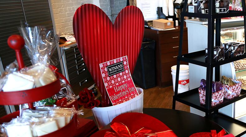 A Valentine’s Day display at Winan’s Chocolates and Coffee in downtown Springfield. Bill Lackey/Staff