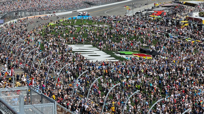 during the NASCAR Daytona 500 auto race at Daytona International Speedway, Sunday, Feb. 15, 2026, in Daytona Beach, Fla. (AP Photo/David Graham)