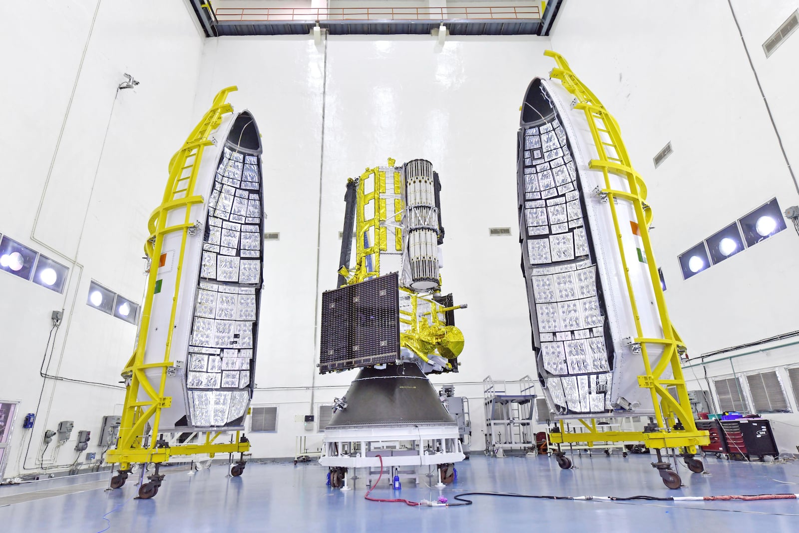 This photo provided by NASA shows the NISAR (NASA-ISRO Synthetic Aperture Radar) satellite on July 18, 2025, at the Indian Space Research Organization's Satish Dhawan Space Center in Sriharikota, Tirupati district, Andhra Pradesh, India. (Indian Space Research Organization/NASA via AP)