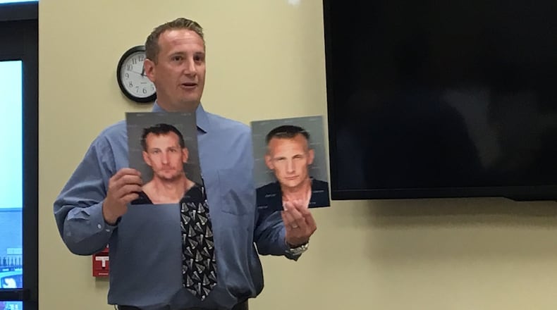 Richard Matteoli holds up photos of himself before he finally went into recovery for heroin addiction. Matteoli thanked Fairborn first responders in July of this year for helping him survive his addiction. He led a toy drive that distributed gifts to local children two weeks ago. Matteoli died this week. STAFF
