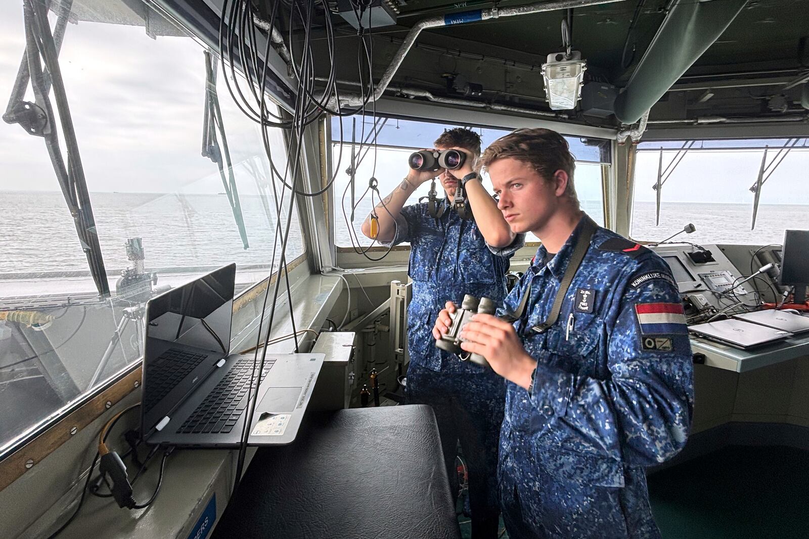 View of the bridge of the HNLMS Tromp, a Royal Netherlands Navy guided missile frigate, patrolling on the North Sea ahead of the NATO summit in The Hague, Netherlands, Thursday, June 19, 2025. (AP Photo/Aleksandar Furtula)