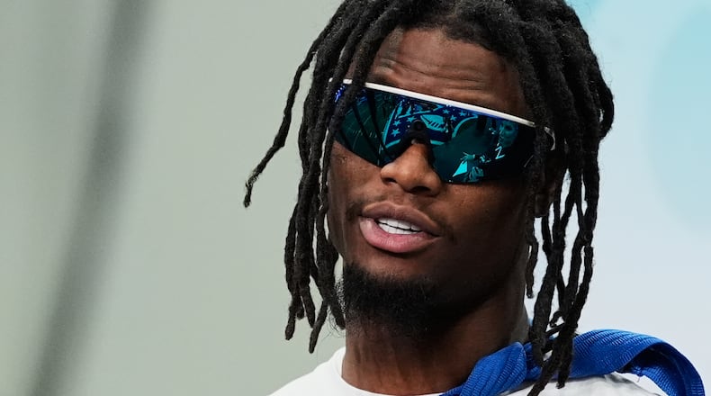 NFC wide receiver George Pickens (3), of the Dallas Cowboys, speaks after being named offensive MVP of the NFL Pro Bowl football game against the AFC, Tuesday, Feb. 3, 2026, in San Francisco. (AP Photo/Godofredo A. Vásquez)