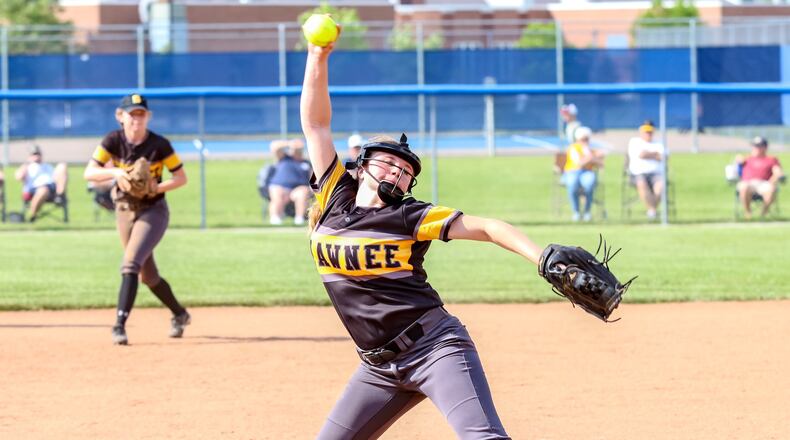 Shawnee sophomore pitcher Hannah Beers throws a pitch during a Division II district final game against Monroe on Saturday at Brookville High School. The Hornets won 4-0. CONTRIBUTED PHOTO BY MICHAEL COOPER