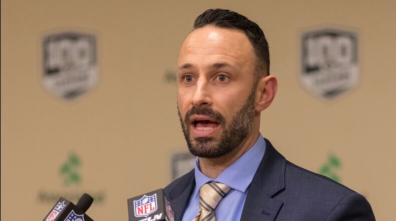 FILE - Jon-Eric Sullivan, Green Bay Packers director of college scouting, talks in Green Bay, Wis., April 26, 2018. (AP Photo/Mike Roemer, File)