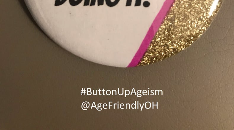 Beth Kowalczyk, the chief policy officer for the Ohio Association of Area Agencies on Aging, will speak at the United Senior Services annual meeting April 27, 2023. She wears a button that says, "Aging is so cool, everybody is doing it." CONTRIBUTED