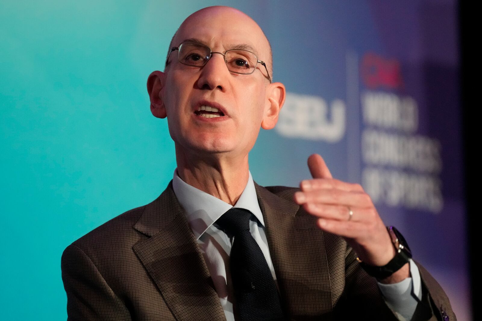NBA Commissioner Adam Silver speaks at the SBJ CAA World Congress of Sport, Tuesday, April 22, 2025, in Nashville, Tenn. (AP Photo/George Walker IV)
