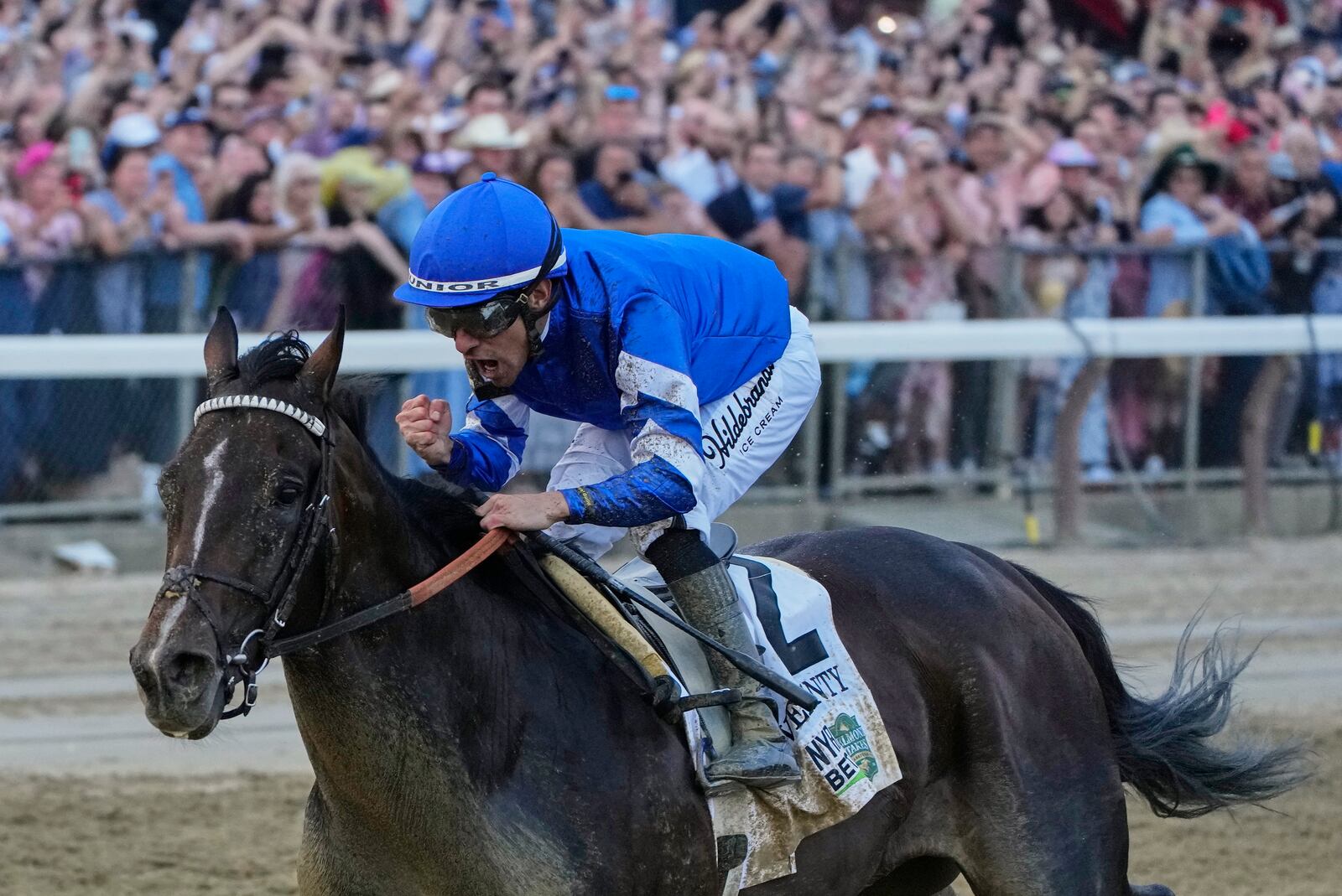 Jockey Junior Alvarado reacts aboard Sovereignty (2), as he crosses the finish line to win the 157th running of the Belmont Stakes horse race, Saturday, June 7, 2025, in Saratoga Springs, N.Y. (AP Photo/Seth Wenig)