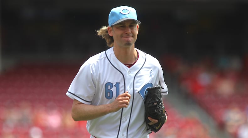 Bronson Arroyo leaves the mound after striking out the side against the Dodgers in the first inning on Sunday, June 18, 2017, at Great American Ball Park in Cincinnati. David Jablonski/Staff
