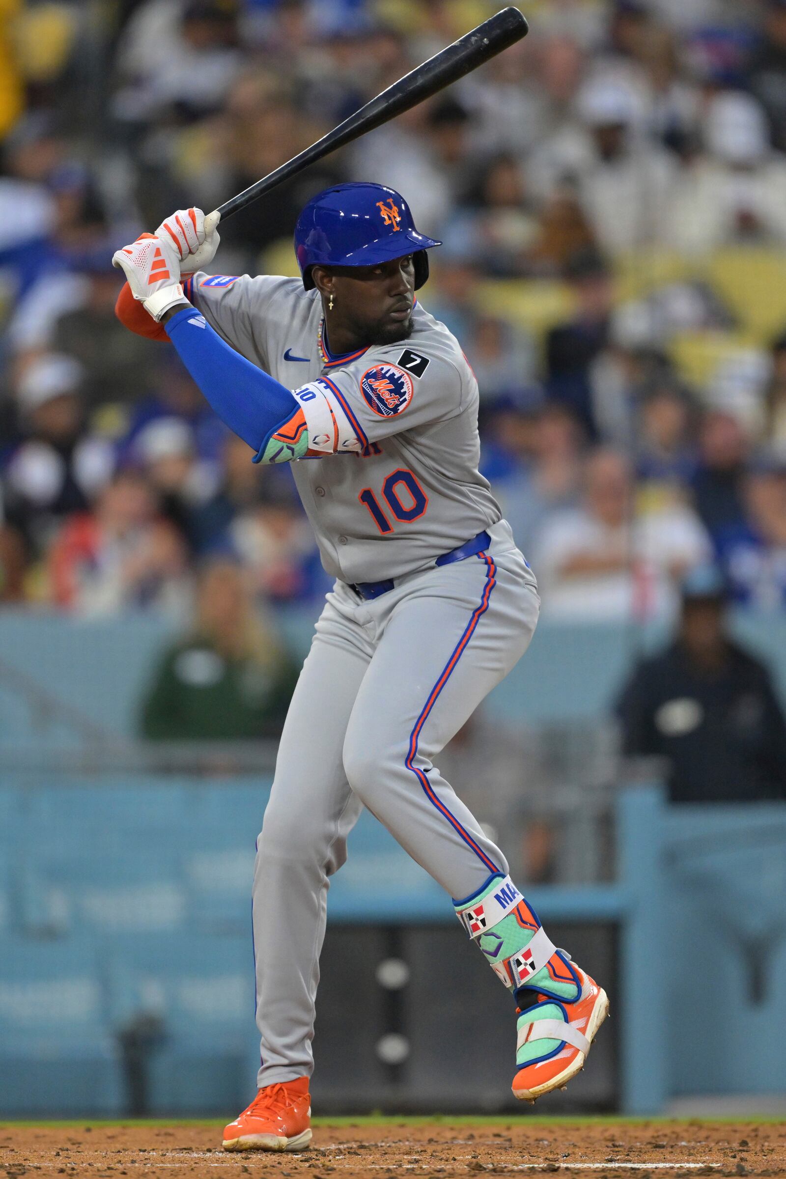 New York Mets' Ronny Mauricio at bat during the second inning of a baseball game against the Los Angeles Dodgers, Tuesday, June 3, 2025, in Los Angeles. (AP Photo/Jayne Kamin-Oncea)