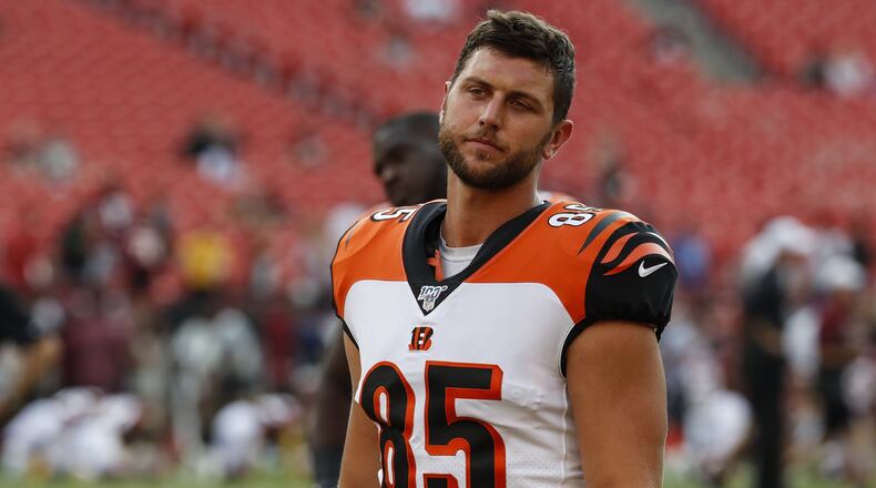 Cincinnati Bengals tight end Tyler Eifert (85) warms up before an NFL preseason football game against the Washington Redskins, Thursday, Aug. 15, 2019, in Landover, Md. (AP Photo/Alex Brandon)