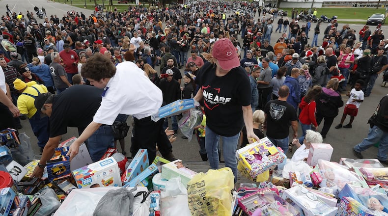 About 1,000 of bikers participated in the annual Highway Hikers Motorcycle Club’s Toy Run across Clark County Sunday, Oct. 17, to help the Salvation Army supply Christmas gifts for needy children. Bill Lackey/Staff