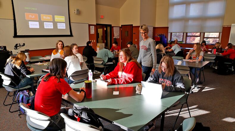 Amy McGuffey teaches a sociological perspectives of education class at Wittenberg University on Thursday, Nov. 3, 2022. BILL LACKEY/STAFF